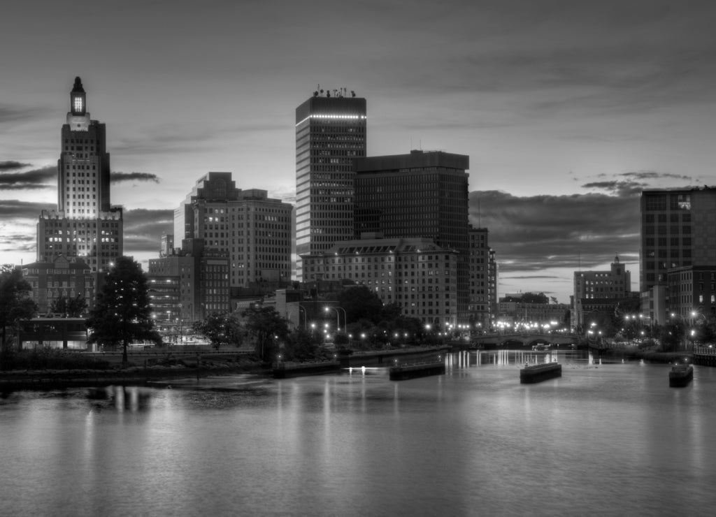 HDR image of the skyline of Providence, Rhode Island in black white