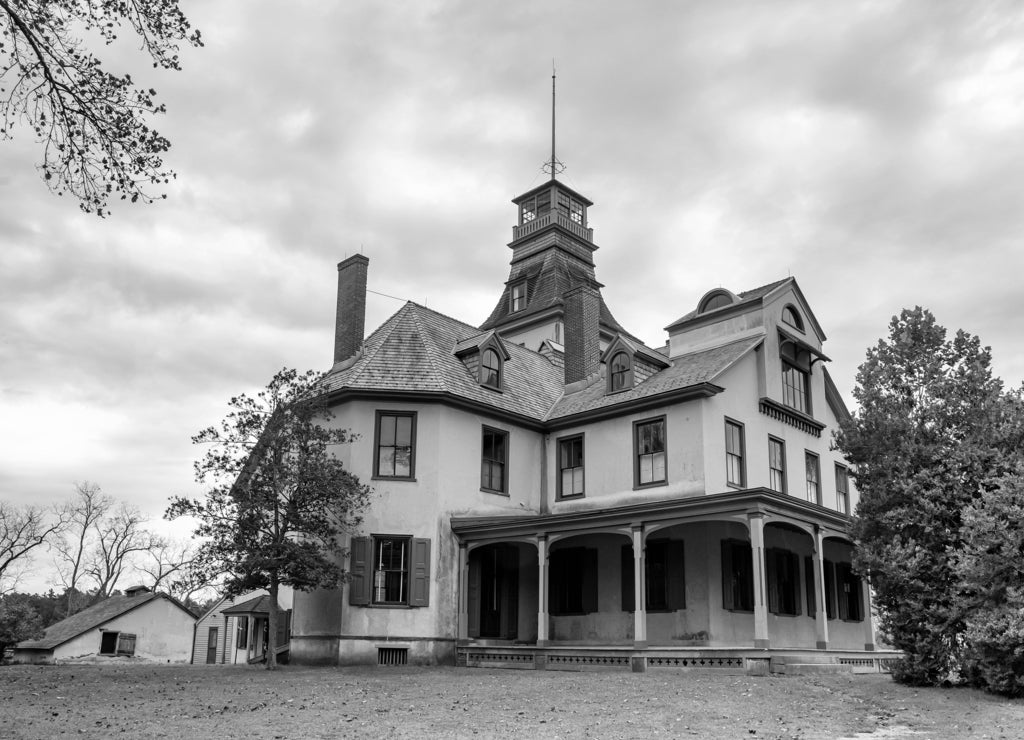 historic mansion in Batsto Village is located in Wharton State Forest in Southern New Jersey. United States in black white