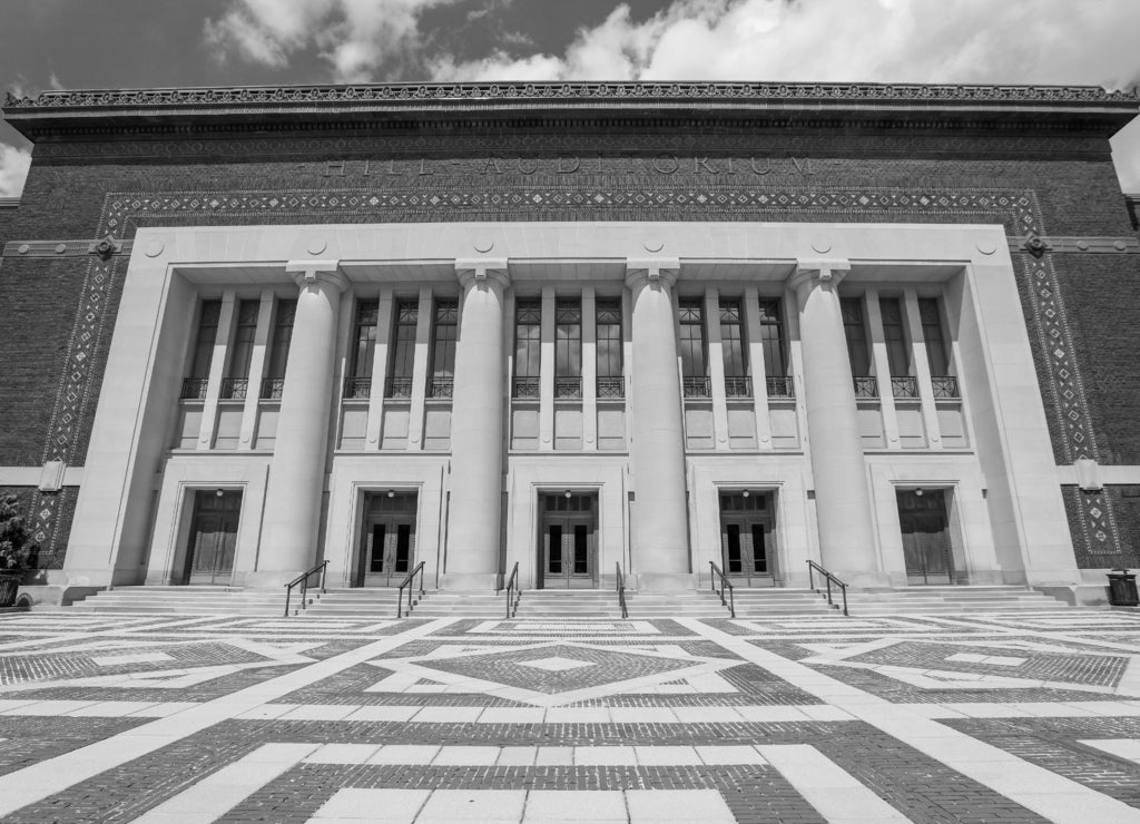 Hill Auditorium, University of Michigan campus in black white