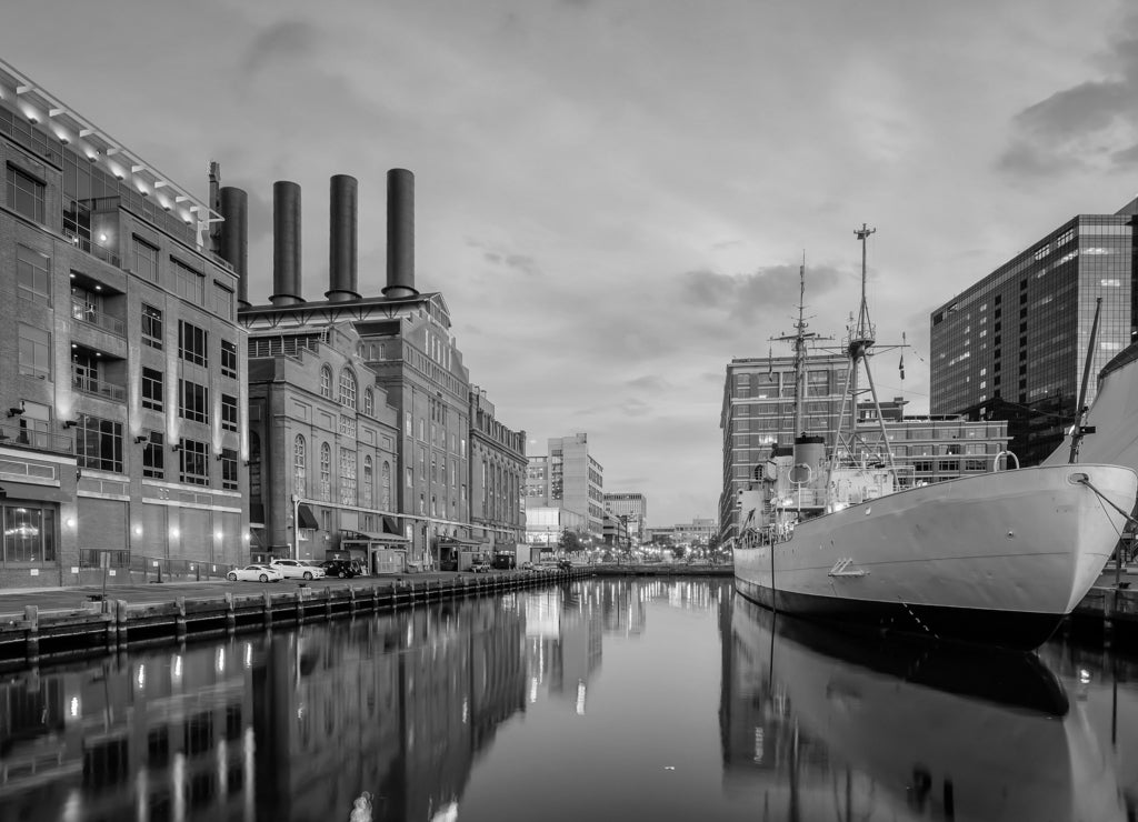 Downtown Baltimore city skyline , cityscape in Maryland USA in black white