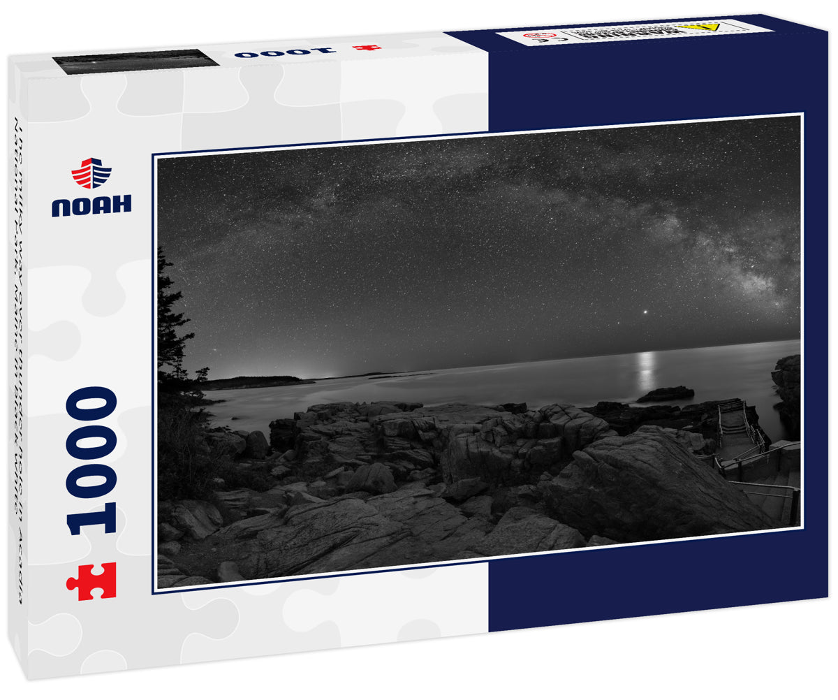 The milky way over thunder hole in Acadia National Park, Maine in black white