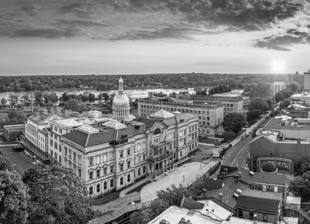 Aerial panorama of Trenton New Jersey skyline amd state capitol at sunset. Trenton is the capital city of the U.S. state of New Jersey and the county seat of Mercer County in black white