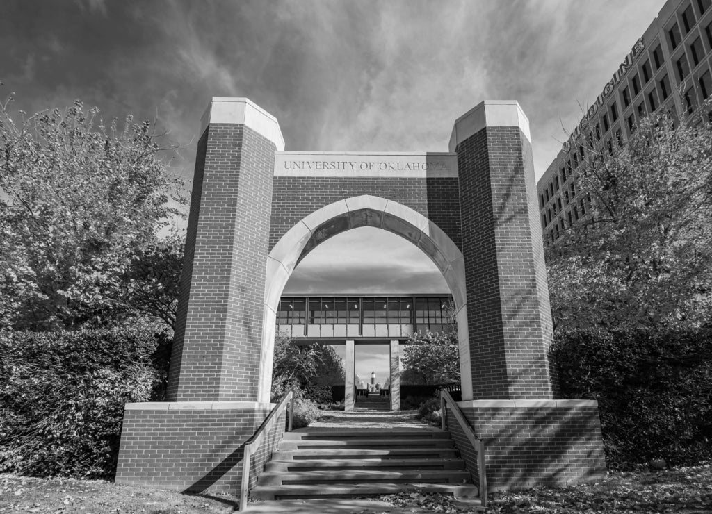 Beautiful fall color of the health sciences campus, University of Oklahoma in black white