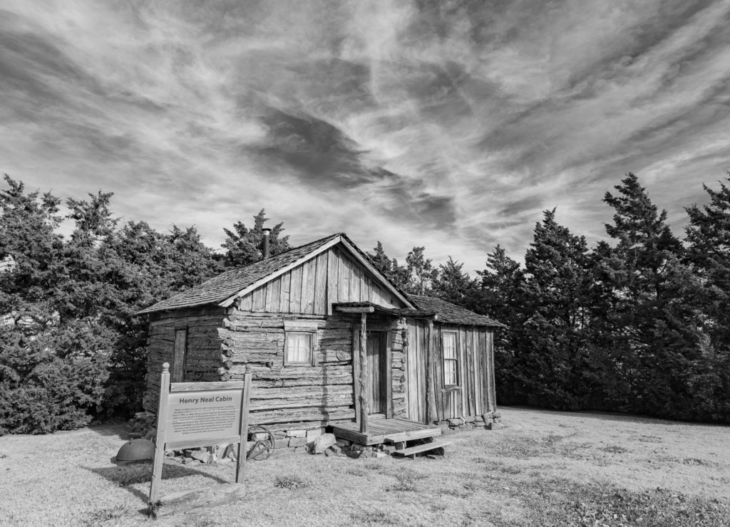 Harn Homestead landmark, Oklahoma in black white