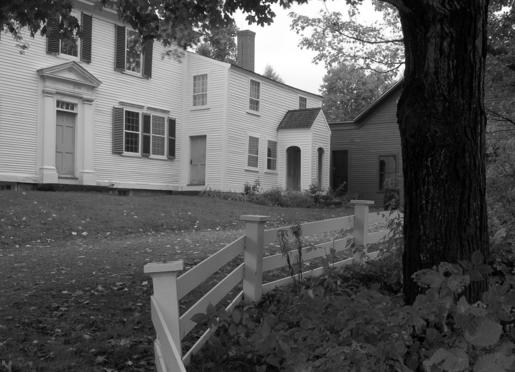 A footpath leads visitors to the Pierce Homestead, home of US President Franklin Piece in Hillsborough, New Hampshire in black white