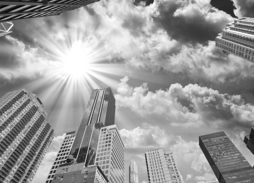 New York City. Wonderful upward view of Manhattan Skycrapers in black white