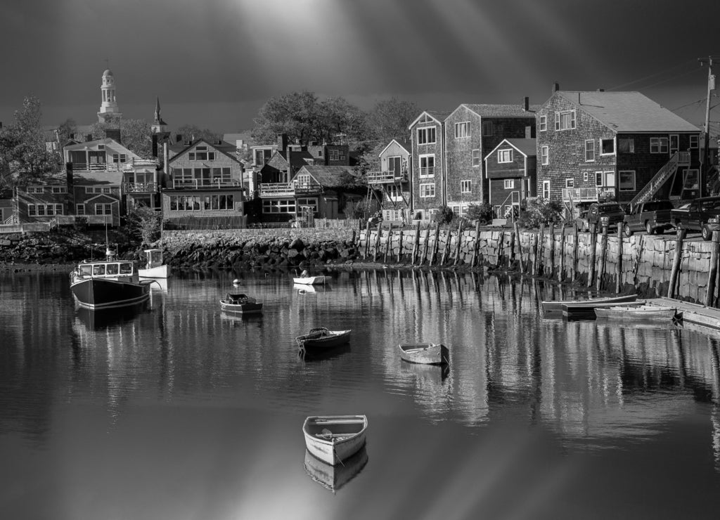 Fishing boat harbor at Rockport, Essex County, Massachusetts in black white