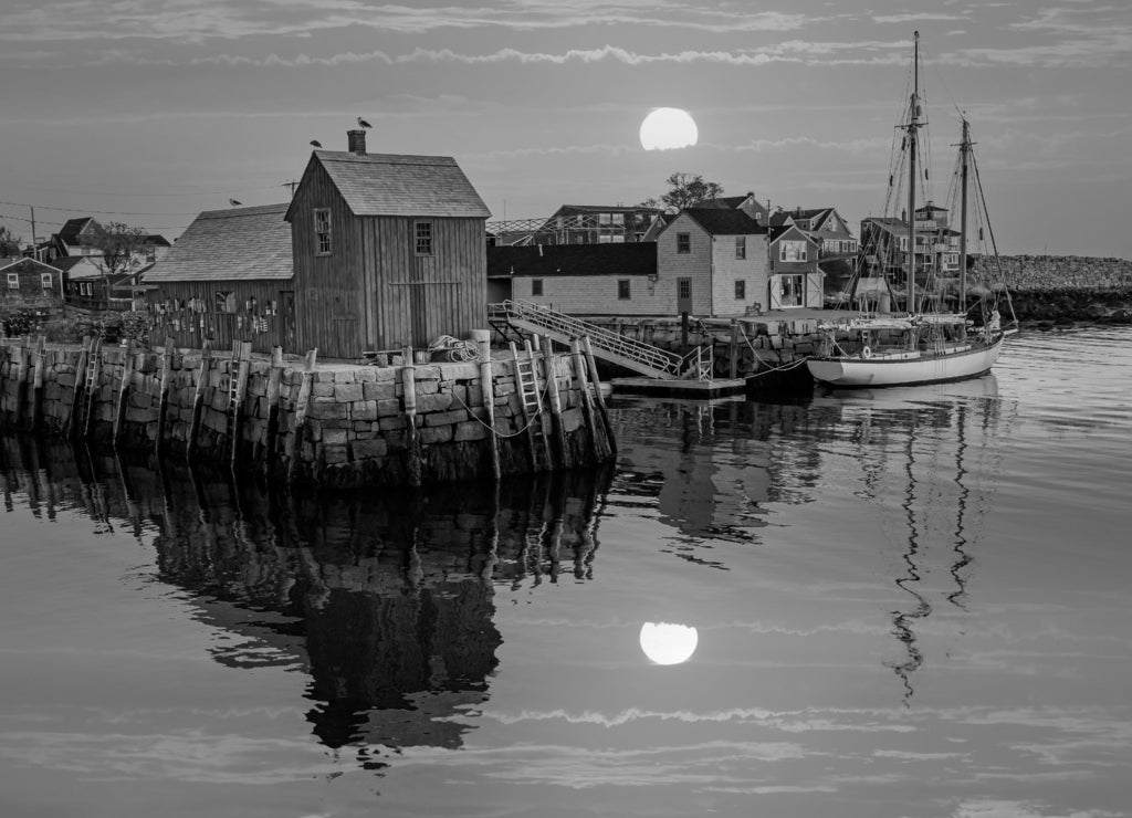 Fishing boat harbor at Rockport, Essex County, Massachusetts in black white