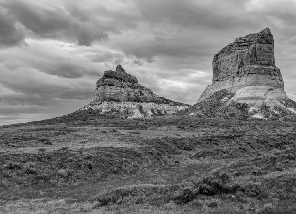 Courthouse & Jailhouse Rock Formations In Nebraska in black white