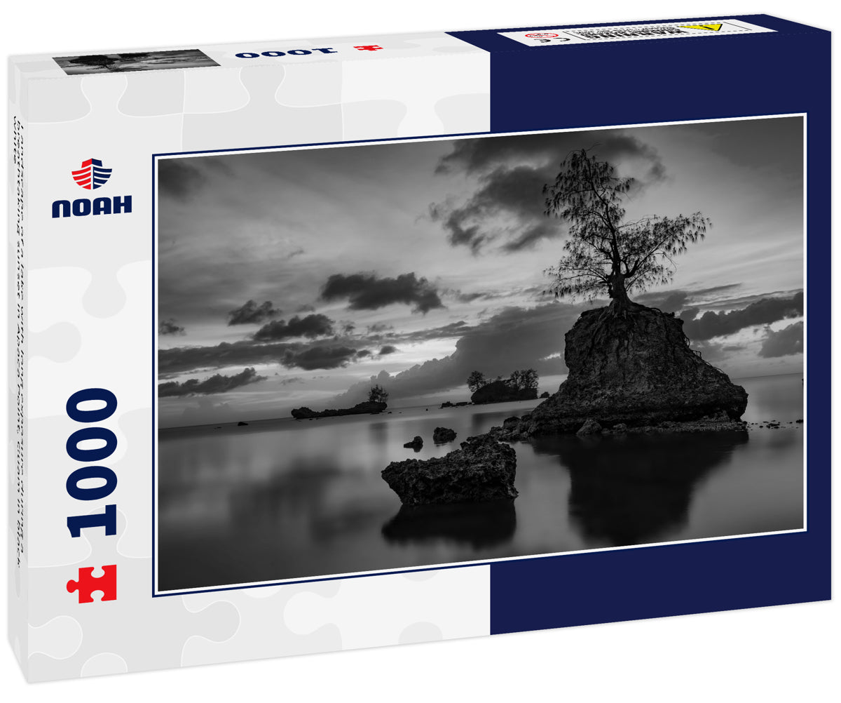 Landscape of a lake with long exposure during a breathtaking sunset in Apaca Point, Guam in black white