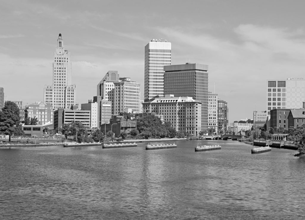 Skyline of Providence, Rhode Island in black white