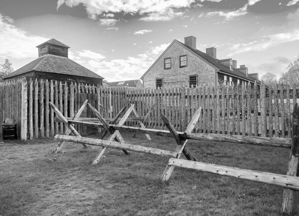 Old landmark Fort Western on Kennebec River, Augusta Maine in black white