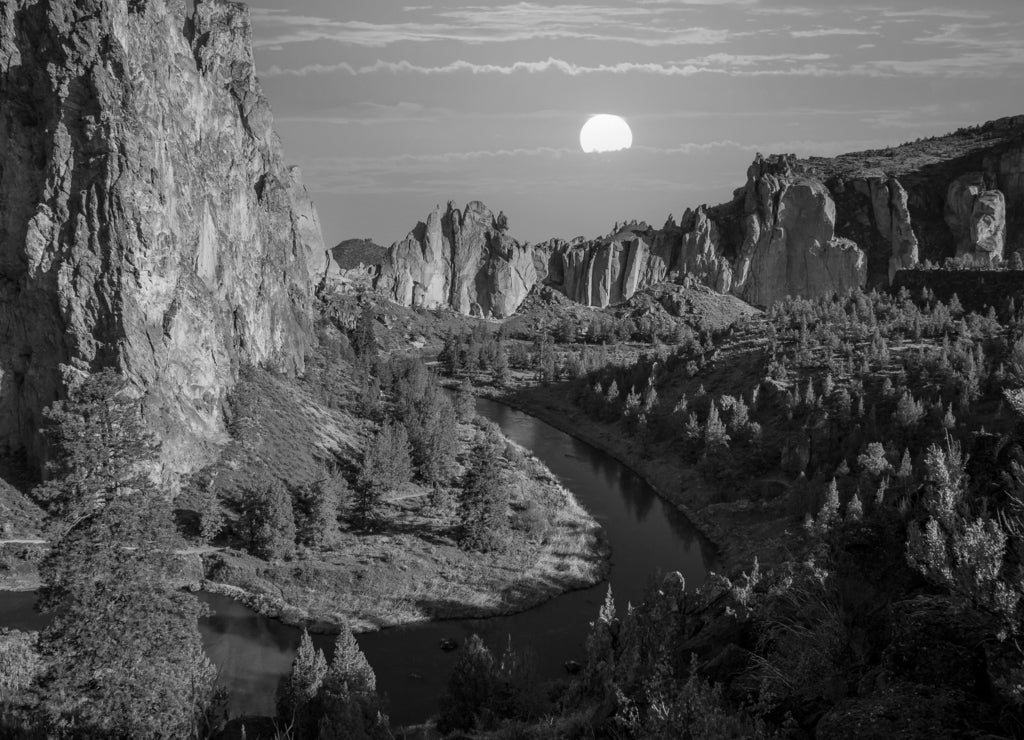 Smith Rocks State Park, a popular rock climbing area in central Oregon near Terrebonne in black white
