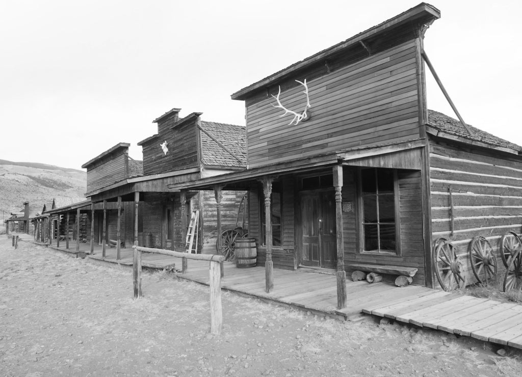 Ghost Town, Cody, Wyoming, United States in black white