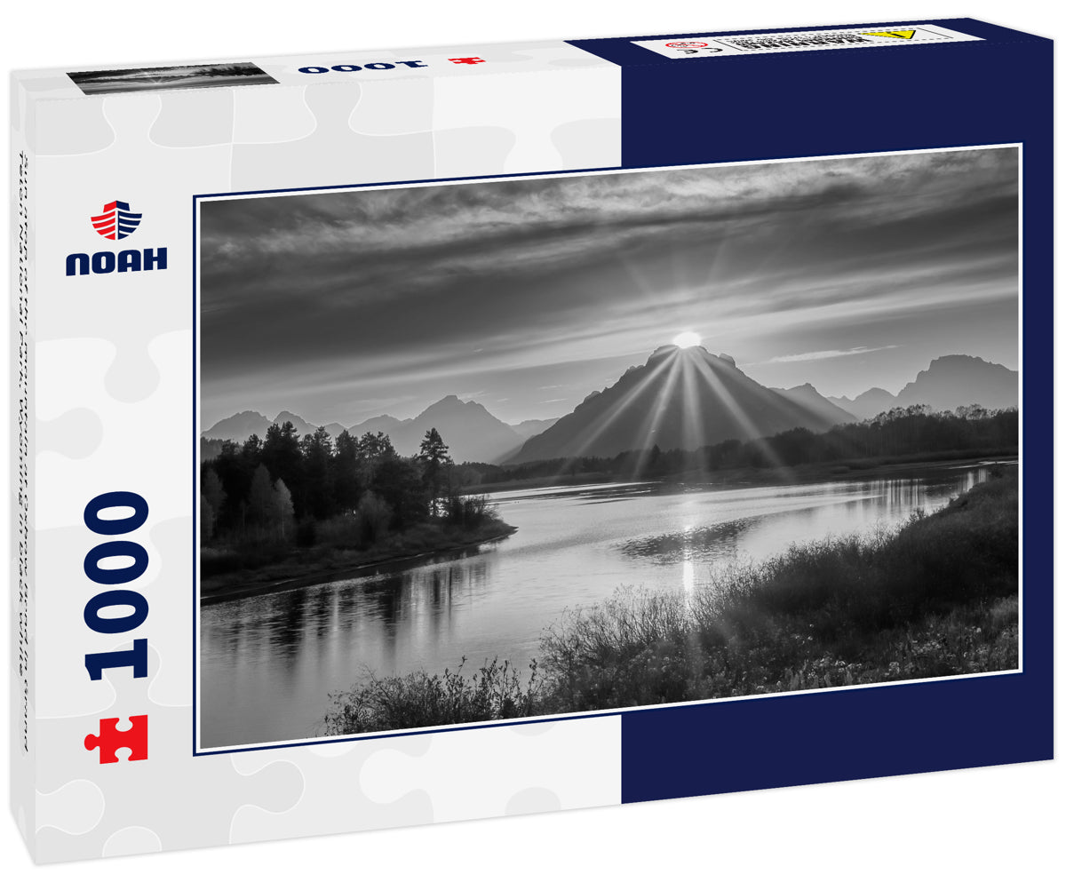 Sun atop of the mountain at Oxbow Bend in Grand Teton National Park, Wyoming in black white