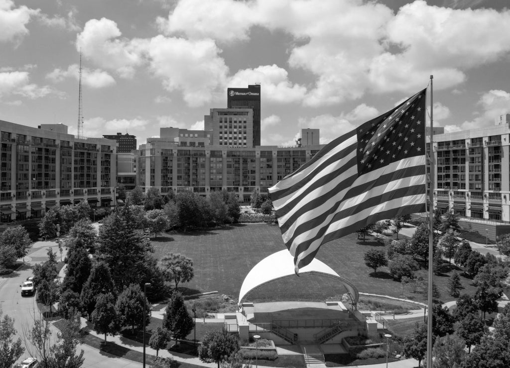 Midtown Crossing area of Omaha Nebraska in black white