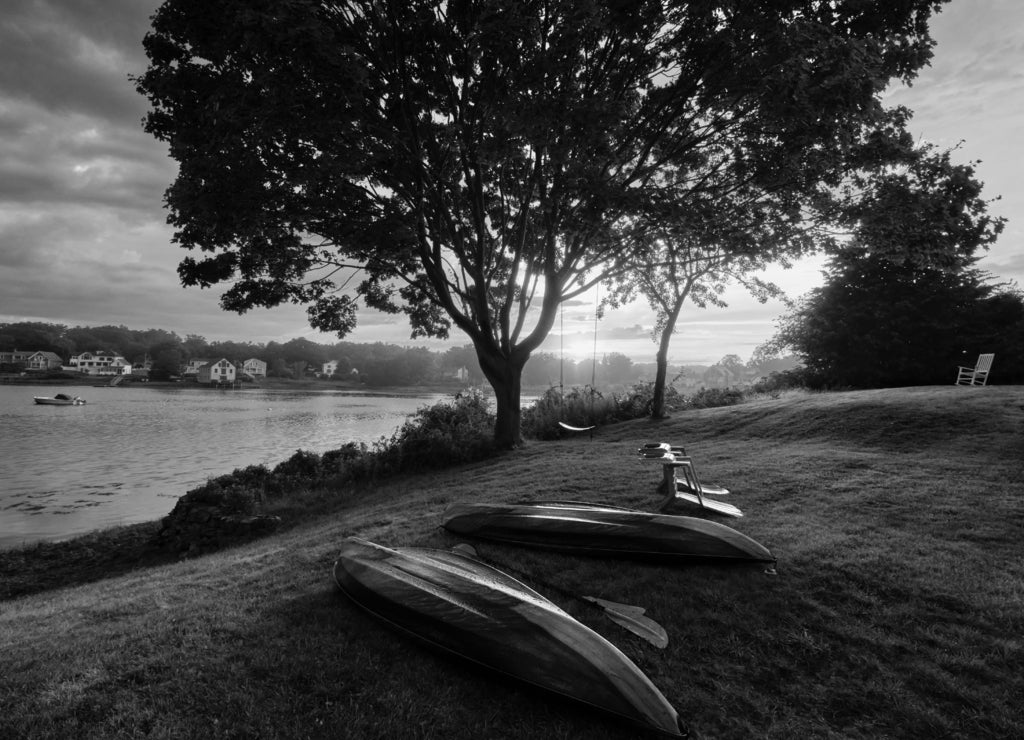 Calm sunset after afternoon thunderstorms, Maine in black white