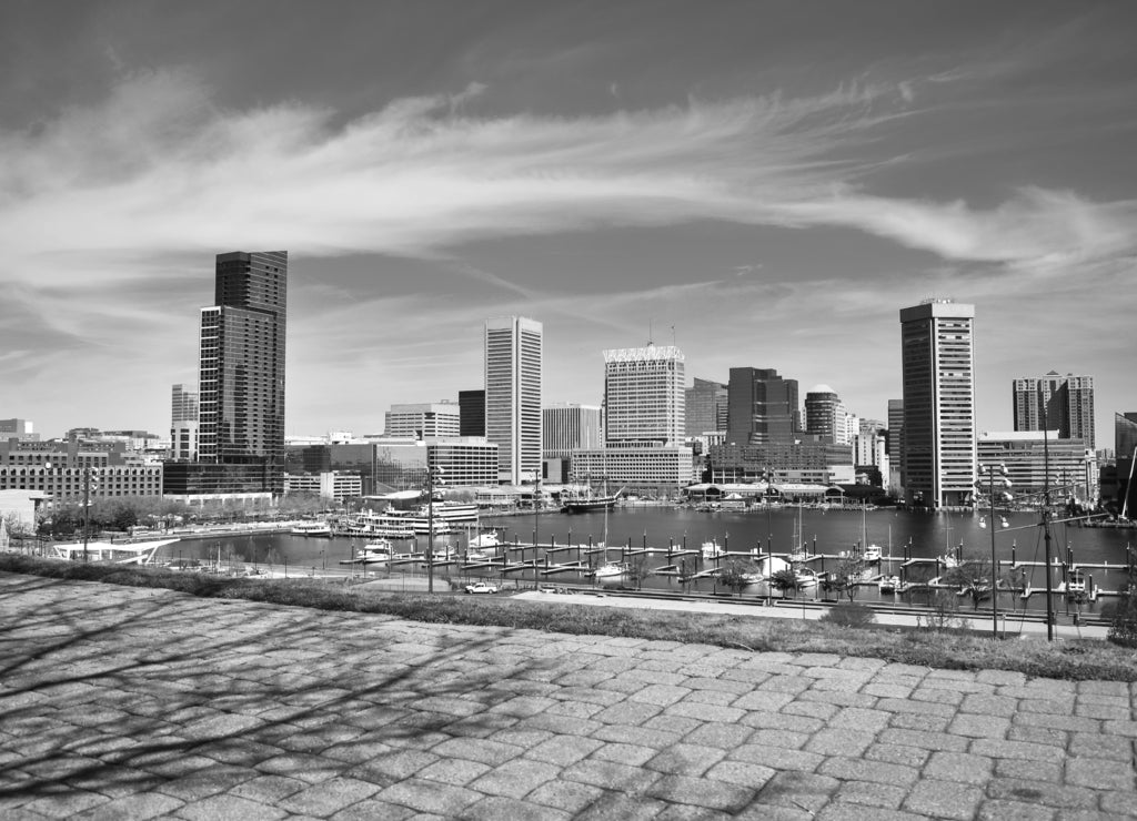 Baltimore Inner Harbor from Federal Hill Park, Maryland in black white