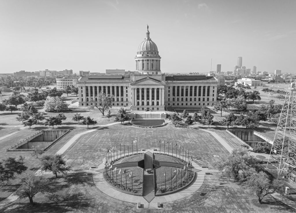 Aerial View of Oklahoma City Capitol Building in black white