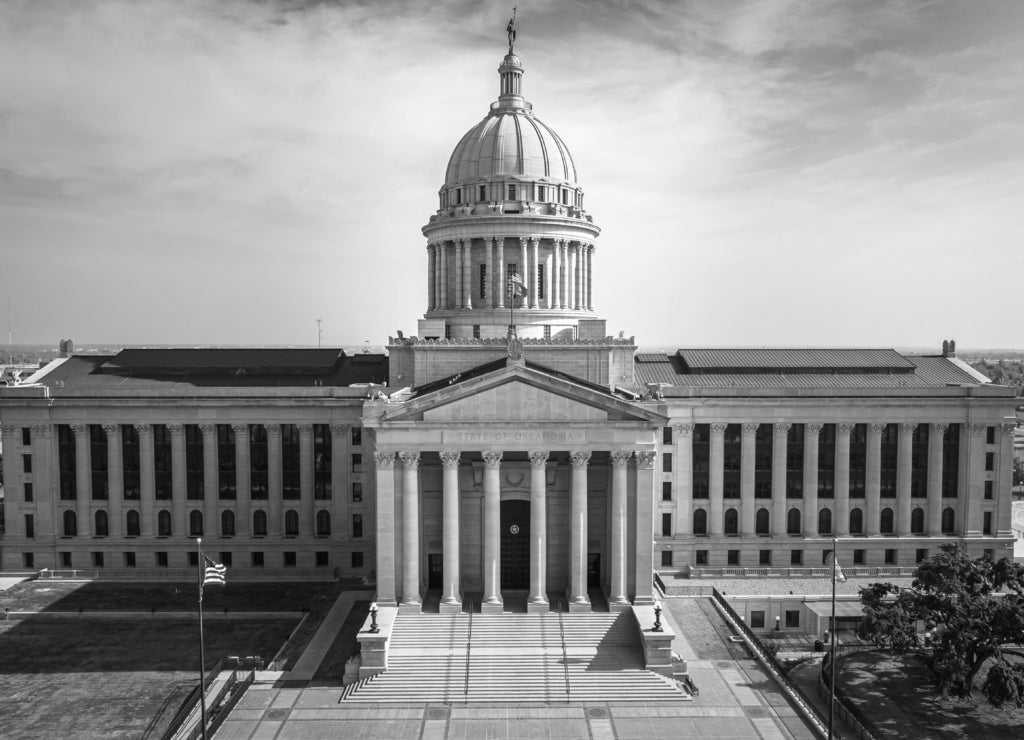 Aerial View of Oklahoma City Capitol Building in black white