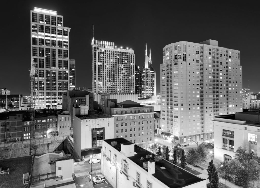 Nashville Tennessee at Night in black white