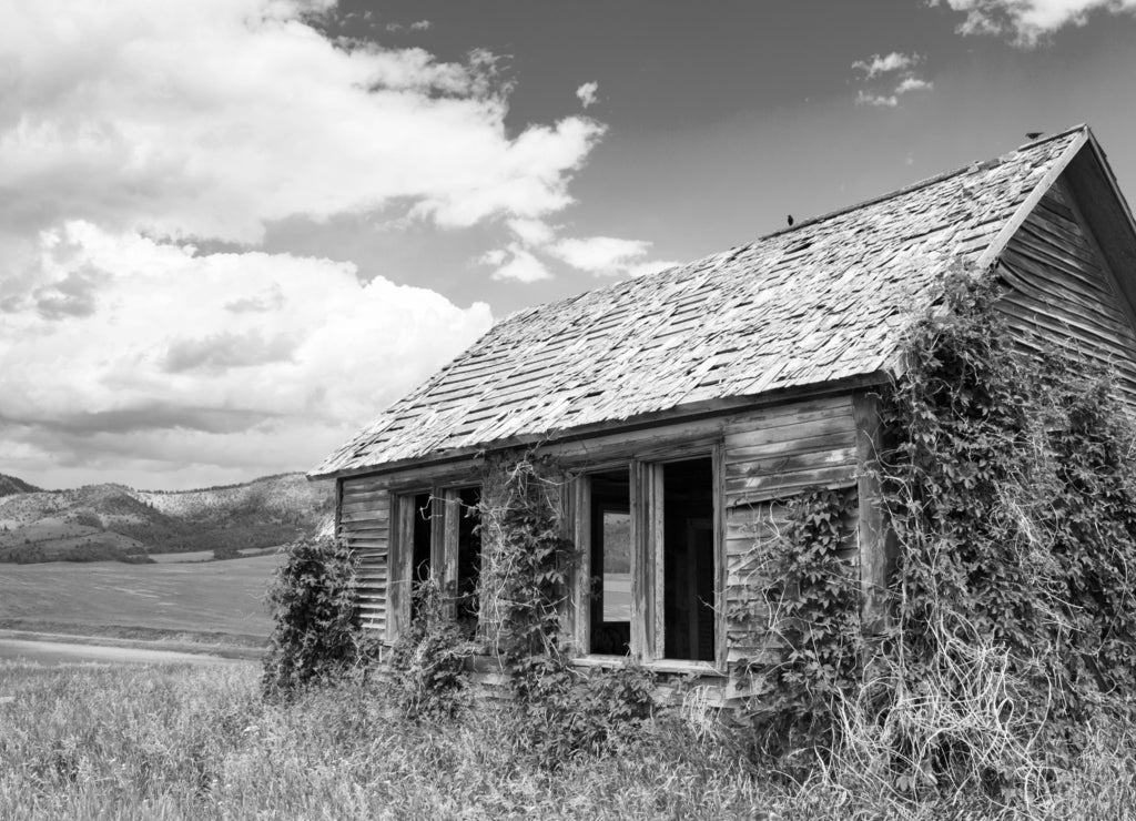 Abandoned farmstead in Idaho in black white