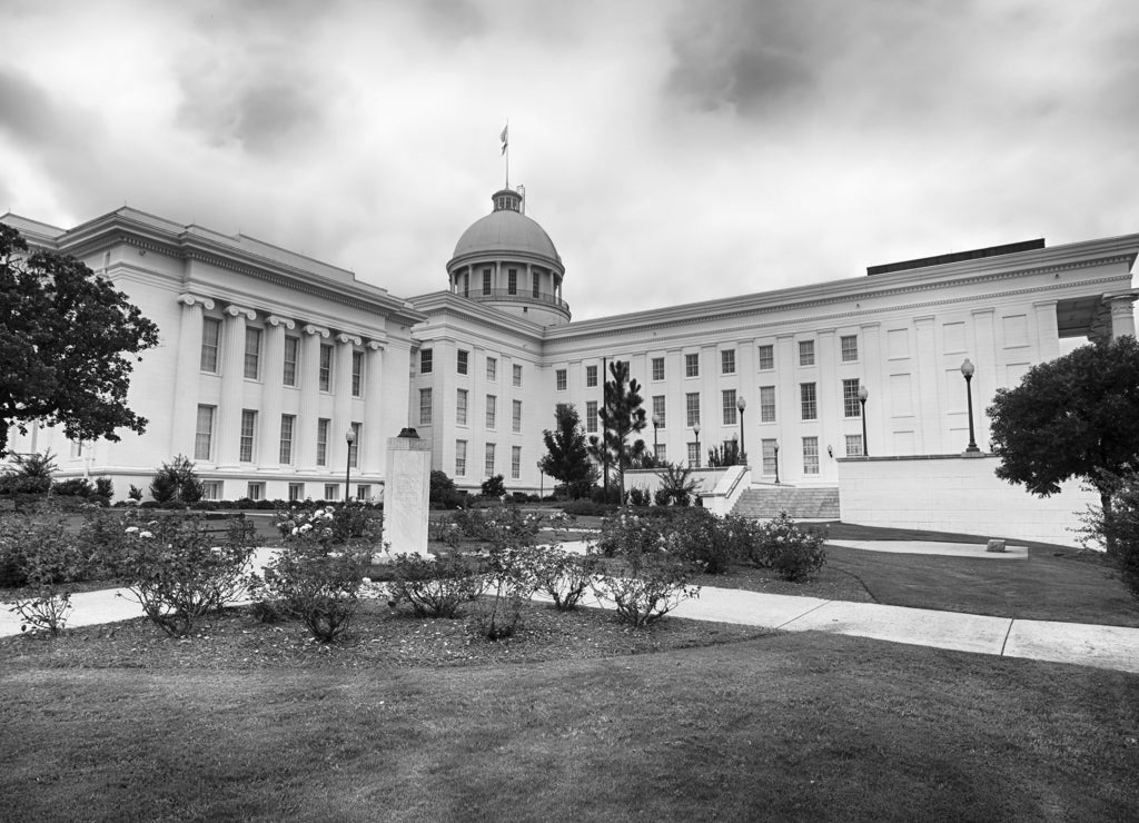 View of state capitol in Montgomery, Alabama in black white