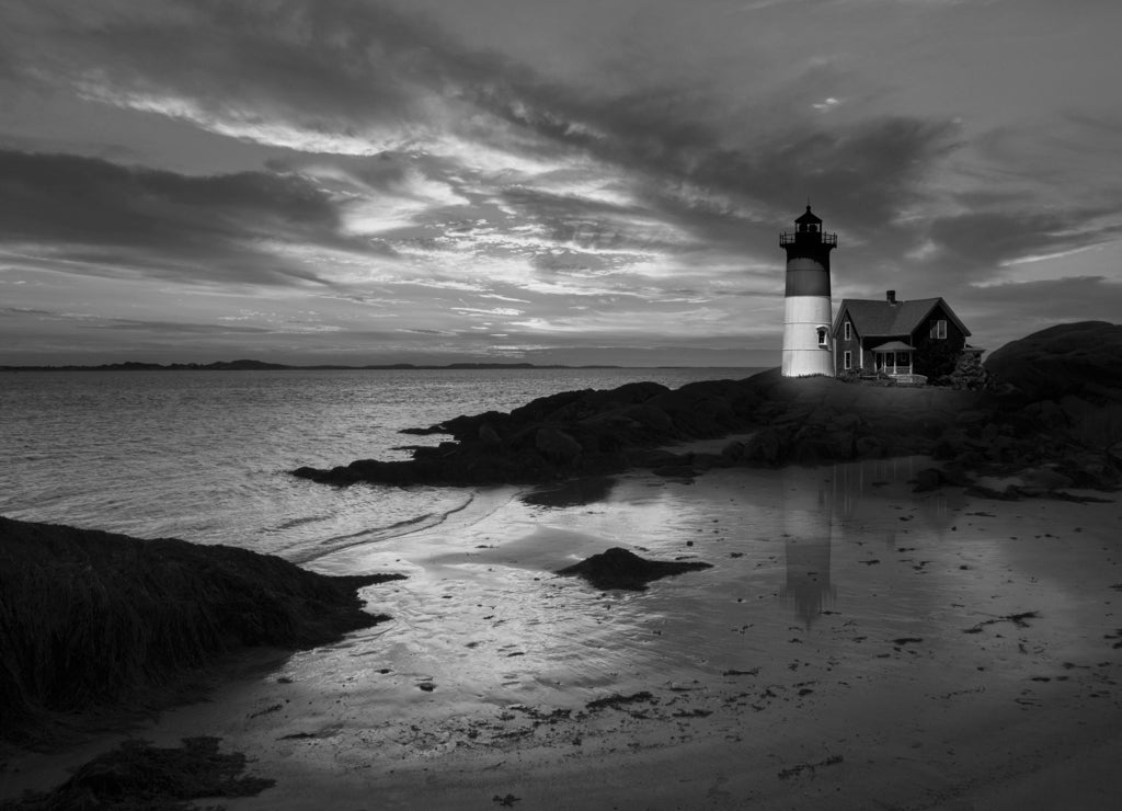 Lighthouse at sunset, Massachusetts in black white