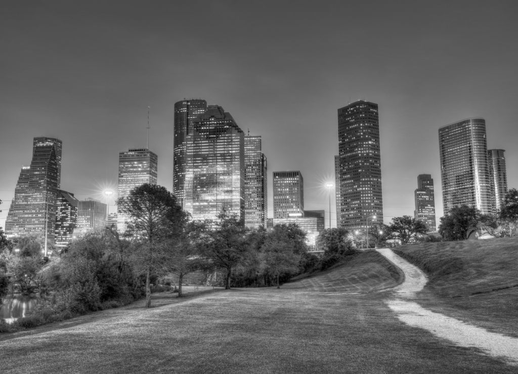 Houston Texas modern skyline at sunset twilight on park in black white