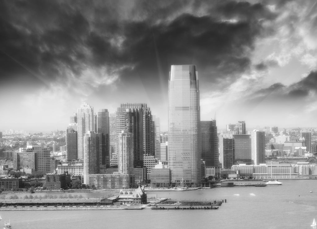 Jersey City skyline, New Jersey. Beautiful summer view in black white