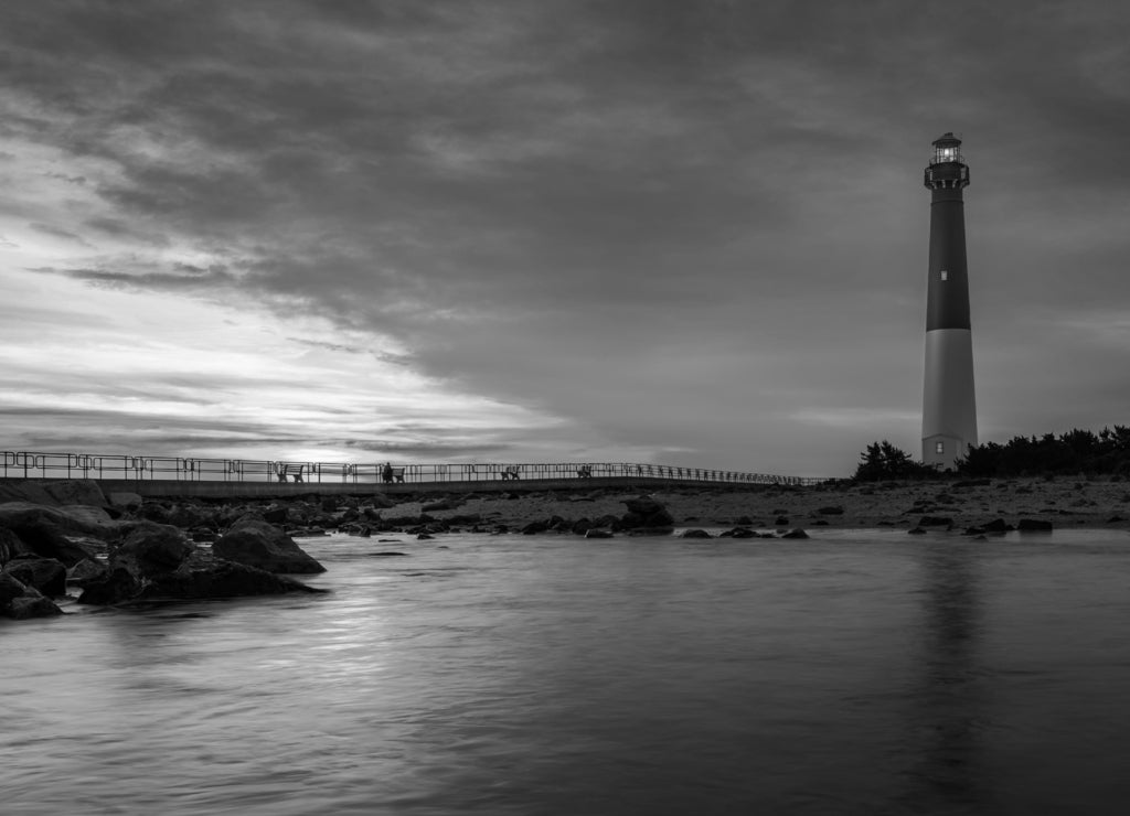 Barnegat Lighthouse at sunset, New Jersey in black white