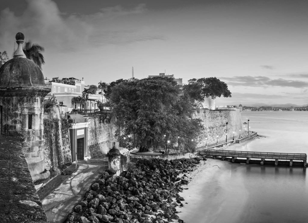 San Juan, Puerto Rico at Paseo De La Princesa in black white