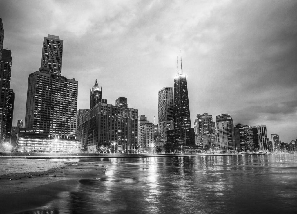 Downtown Chicago, Illinois at sunset in black white