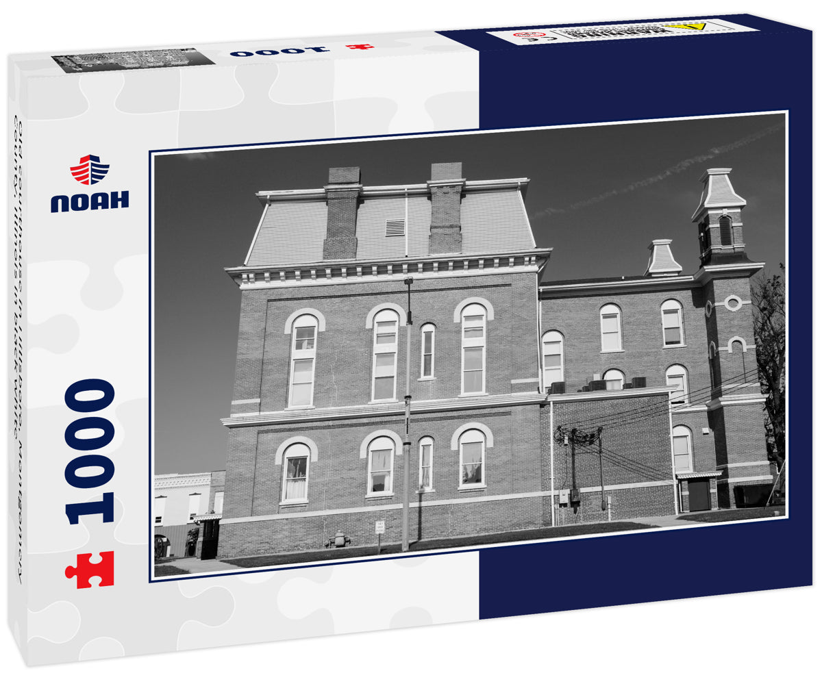 Old courthouse in Hillsboro, Montgomery County, Illinois in black white