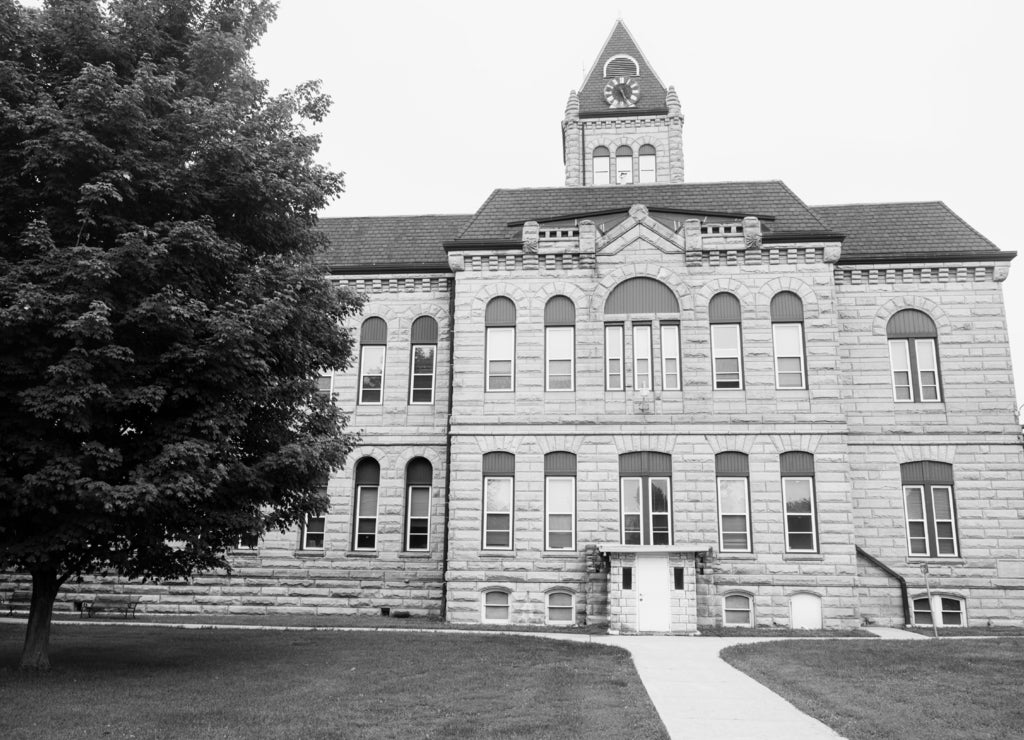 Old courthouse in Carrollton, Greene County, Illinois in black white
