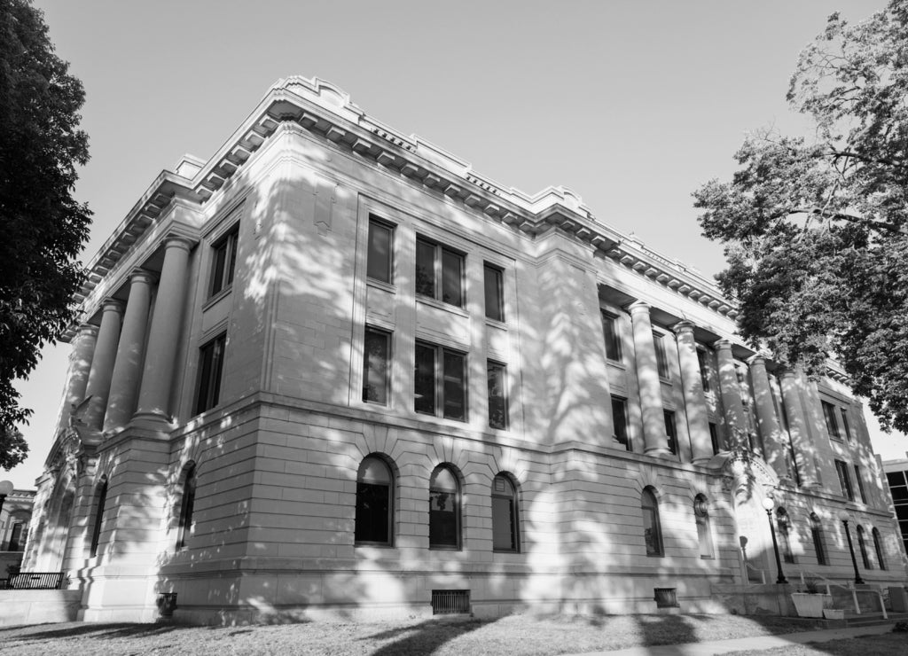 Old courthouse in Pekin, Tazewell County, Illinois in black white