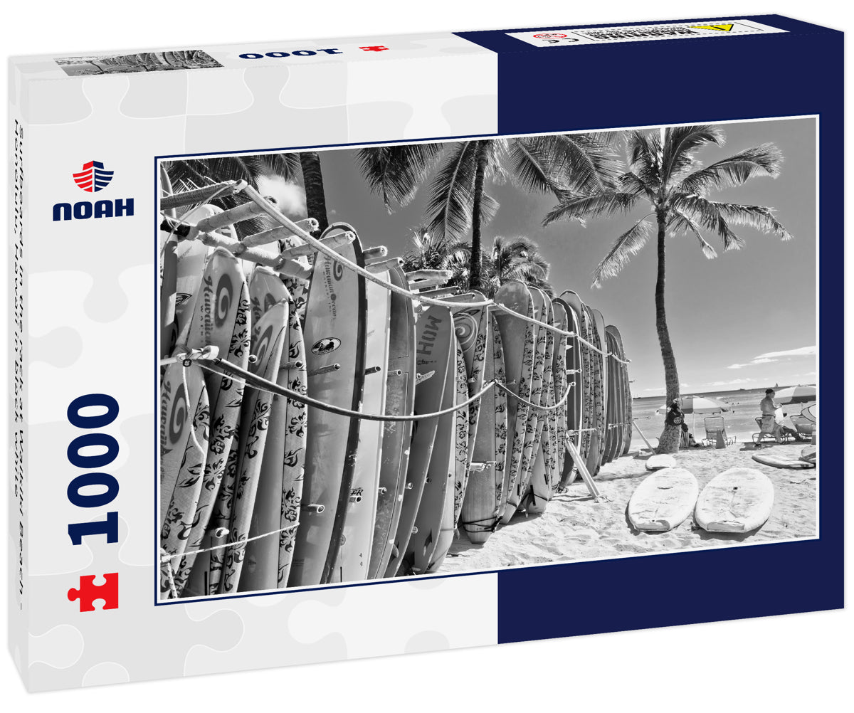 Surfboards in the rack at Waikiki Beach - Honolulu, Hawaii in black white