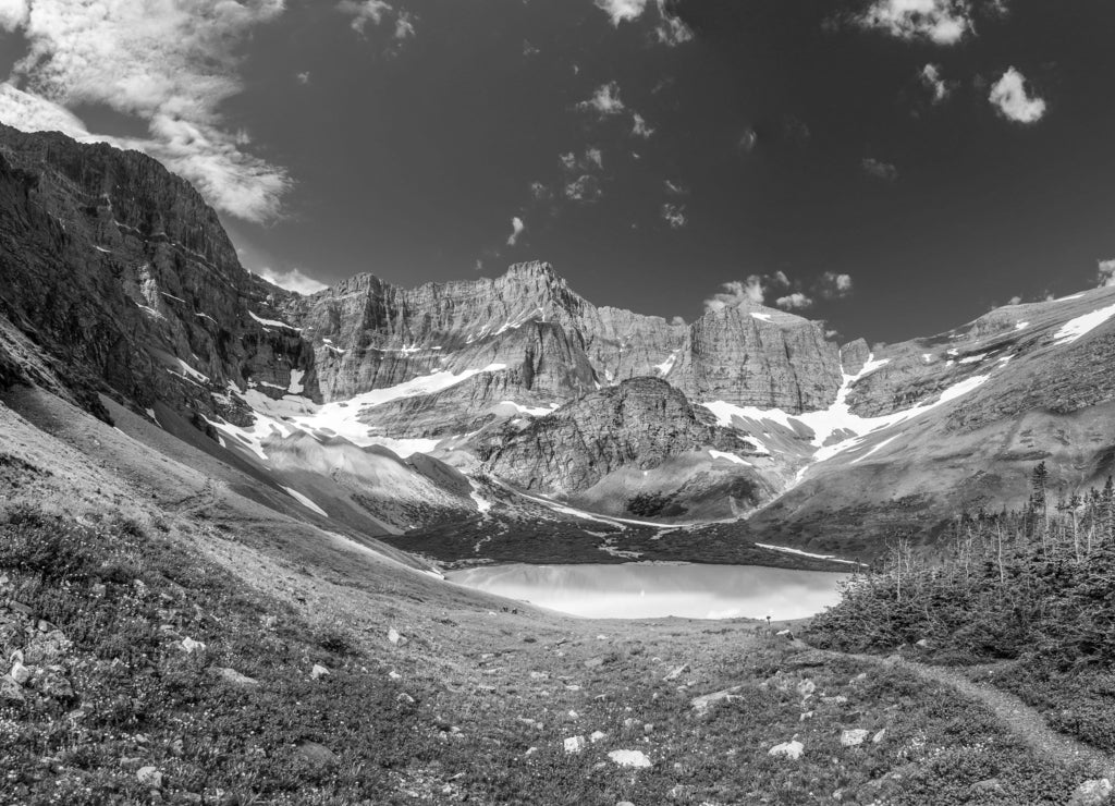 Cracker lake campground in Glacier national Park, Montana in black white