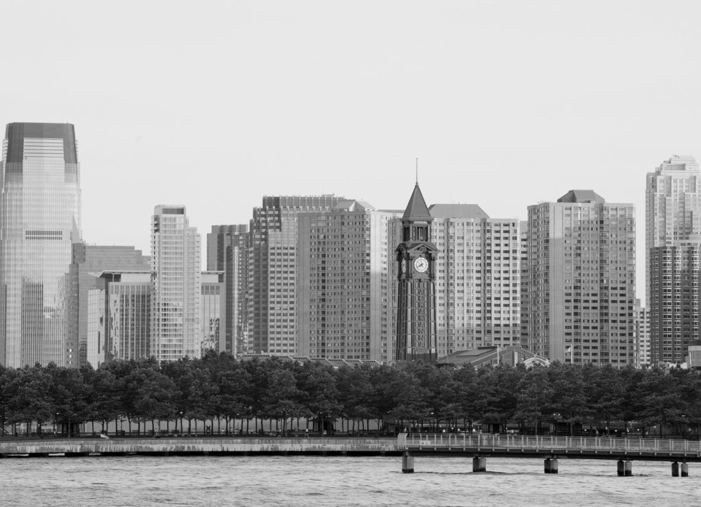 Hoboken terminal and Jersey city skyline, New Jersey in black white