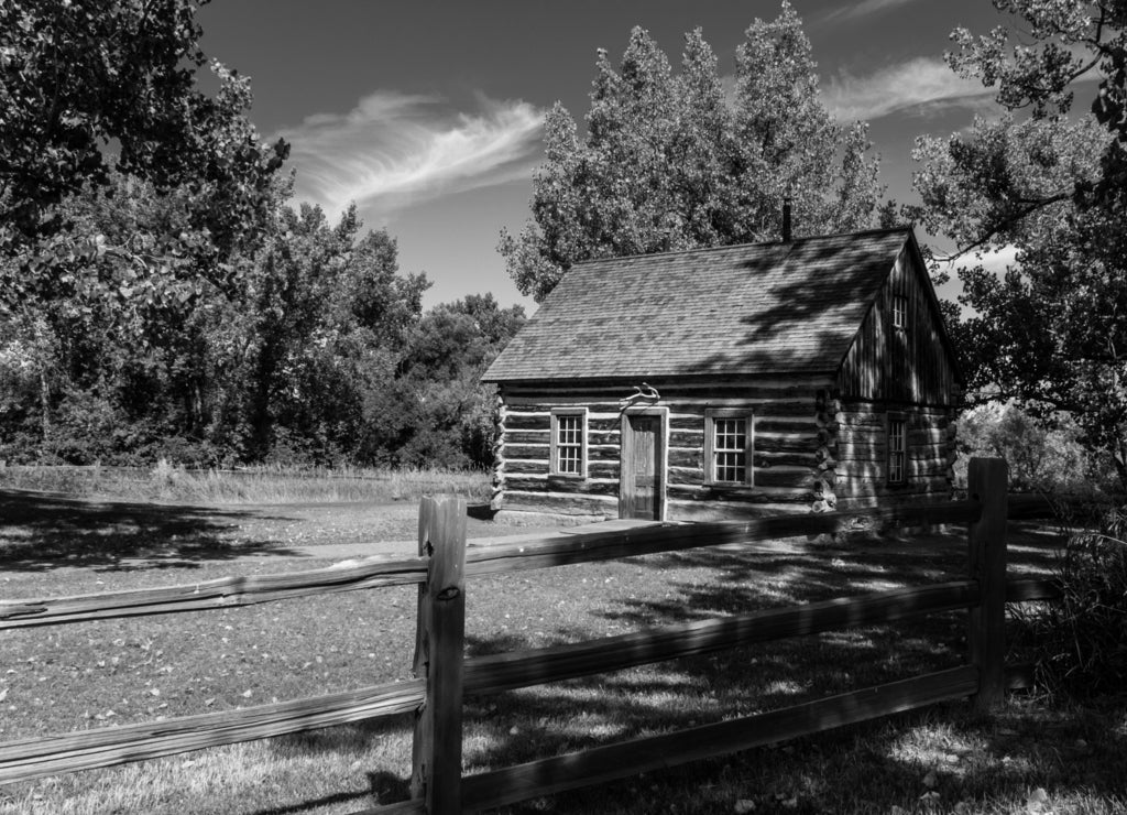 Cabin of Theodore Roosevelt's Maltese Cross Ranch, North Dakota in black white