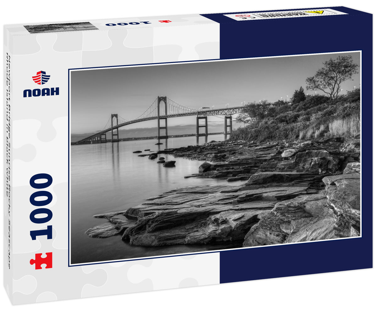 Newport Bridge Sunrise Rocky Seascape Rhode Island in black white