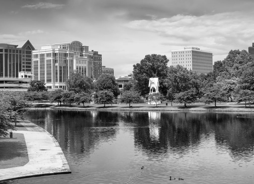 Cityscape scene of downtown Huntsville, Alabama in black white