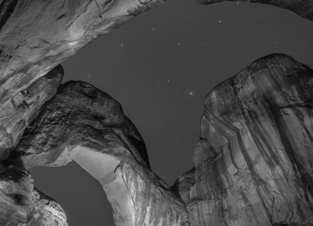 Double Arch at night Moab Utah in black white
