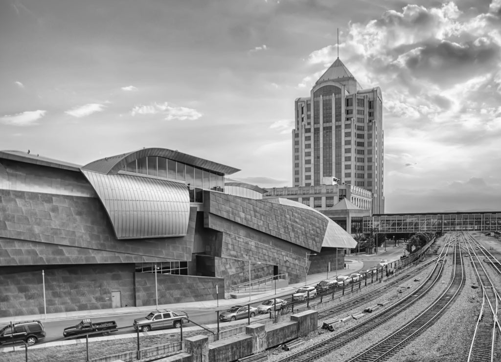 roanoke virginia city skyline in the mountain valley of appalach in black white