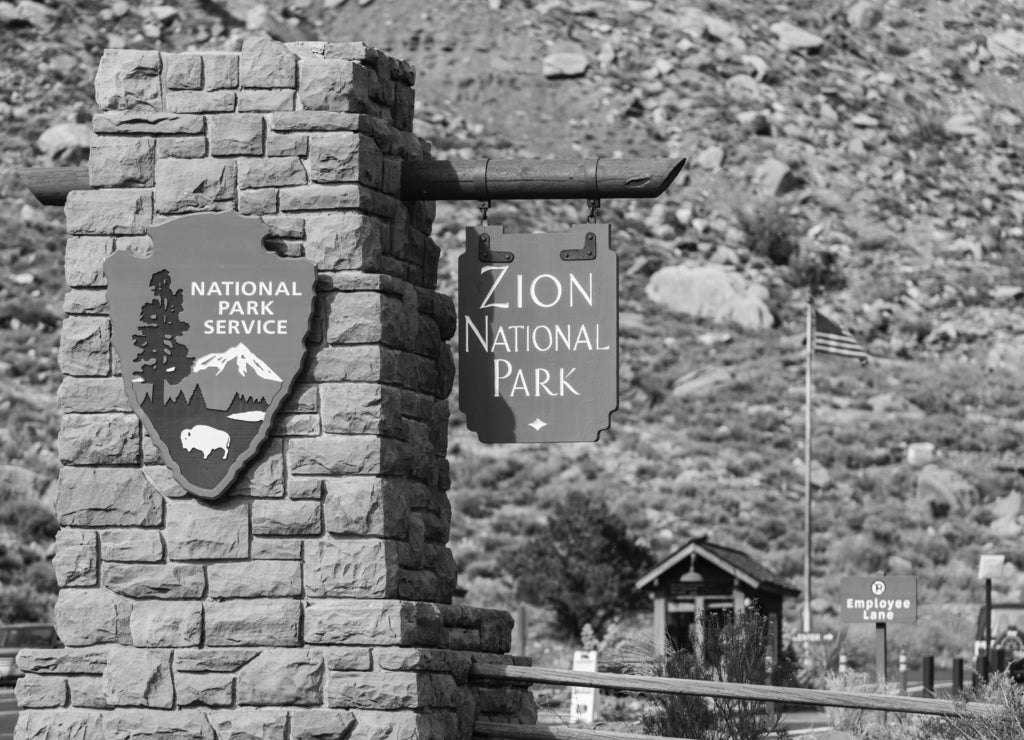 Zion Entrance Sign, Utah in black white