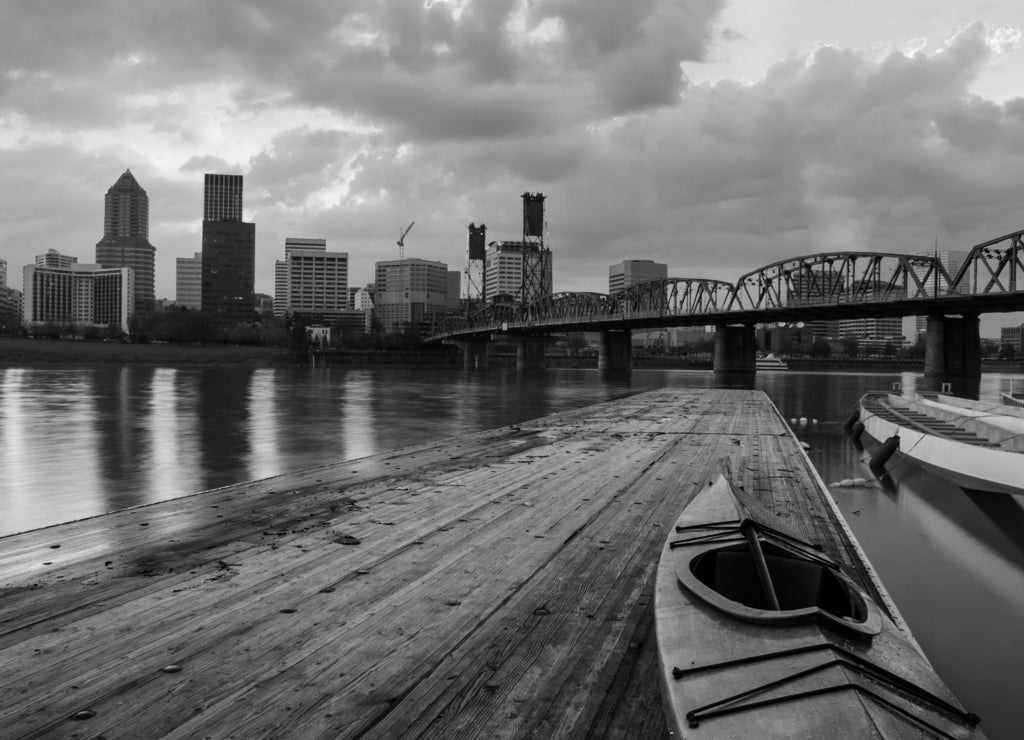 Sunset Landscape of Portland, Oregon, USA in black white