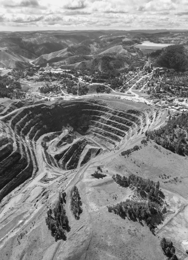 Aerial view of Lead South Dakota in black white