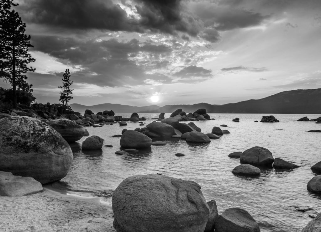 Lake Tahoe at sunset, Nevada in black white