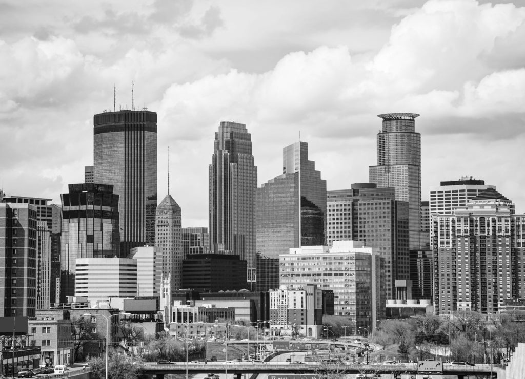 Downtown Minneapolis, Minnesota in black white