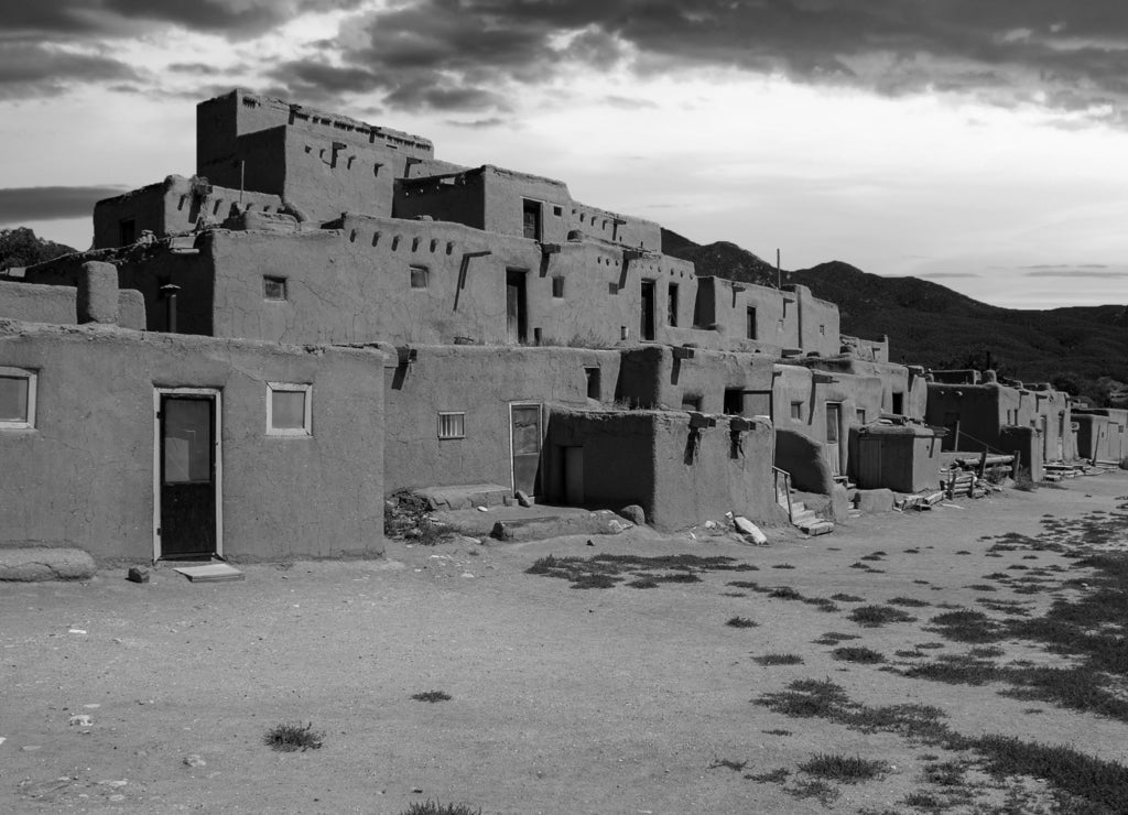 Adobe Houses in the Pueblo of Taos, New Mexico, USA in black white